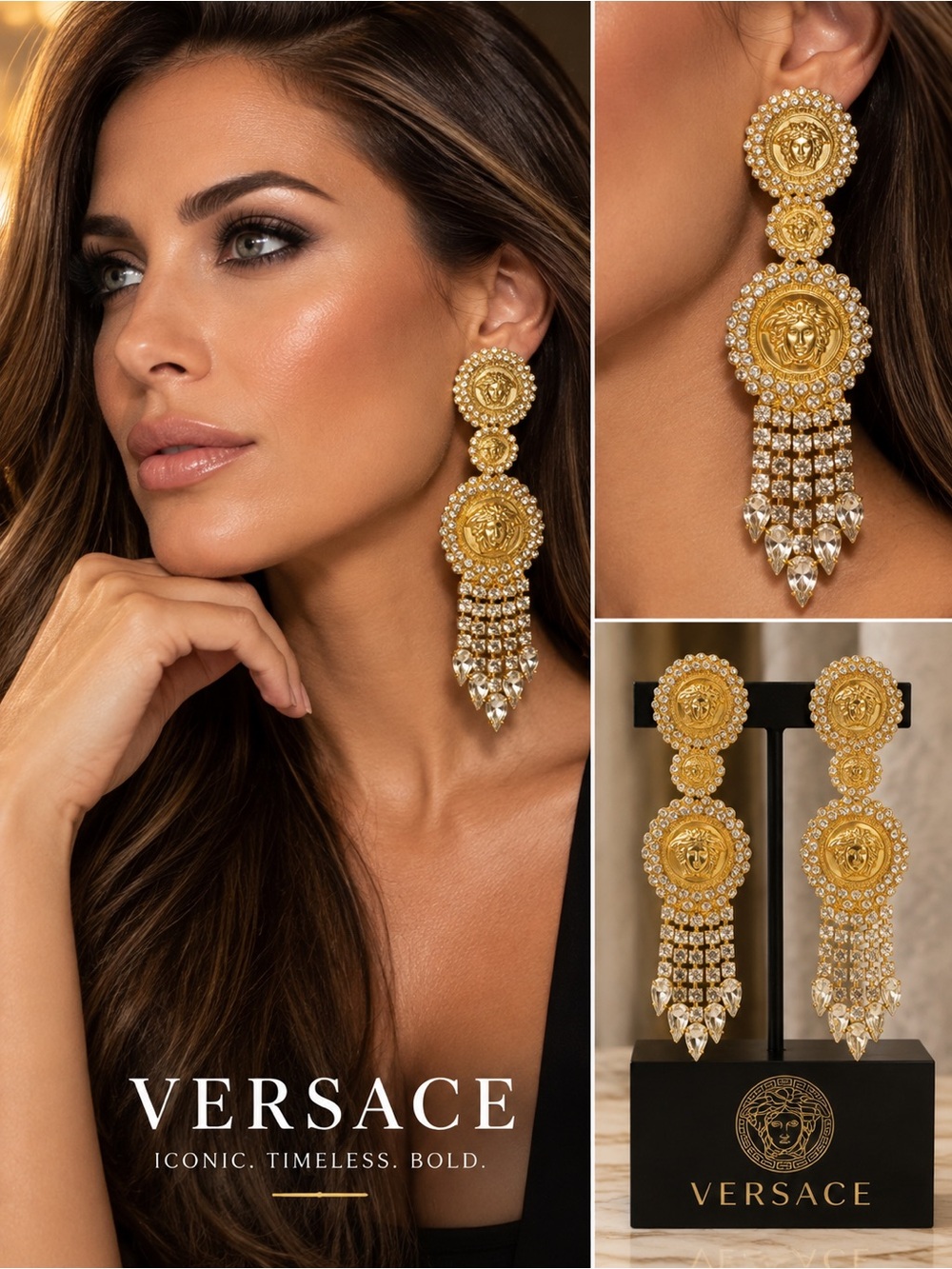 Versace Gold Medallion Fringe Earrings with Crystal Drops